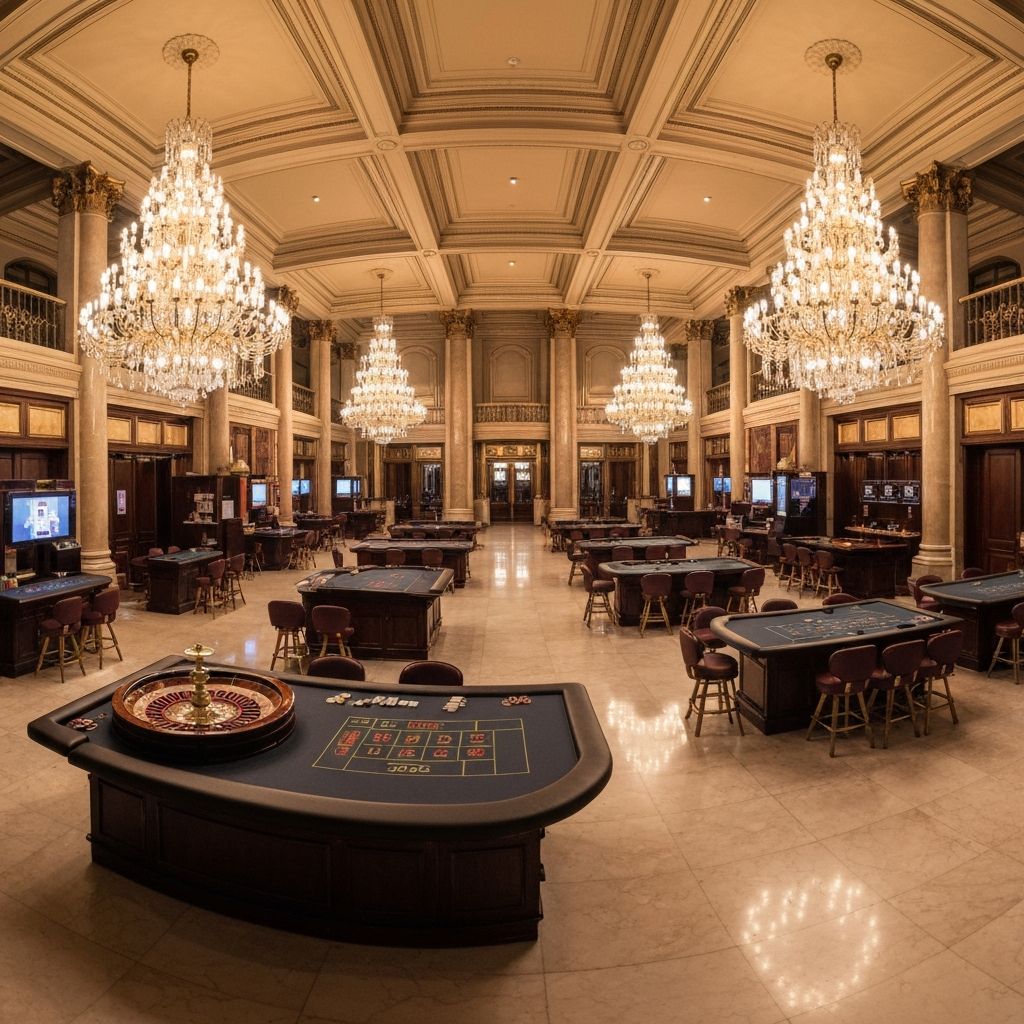 Interior elegante de um cassino europeu com mesas de roleta